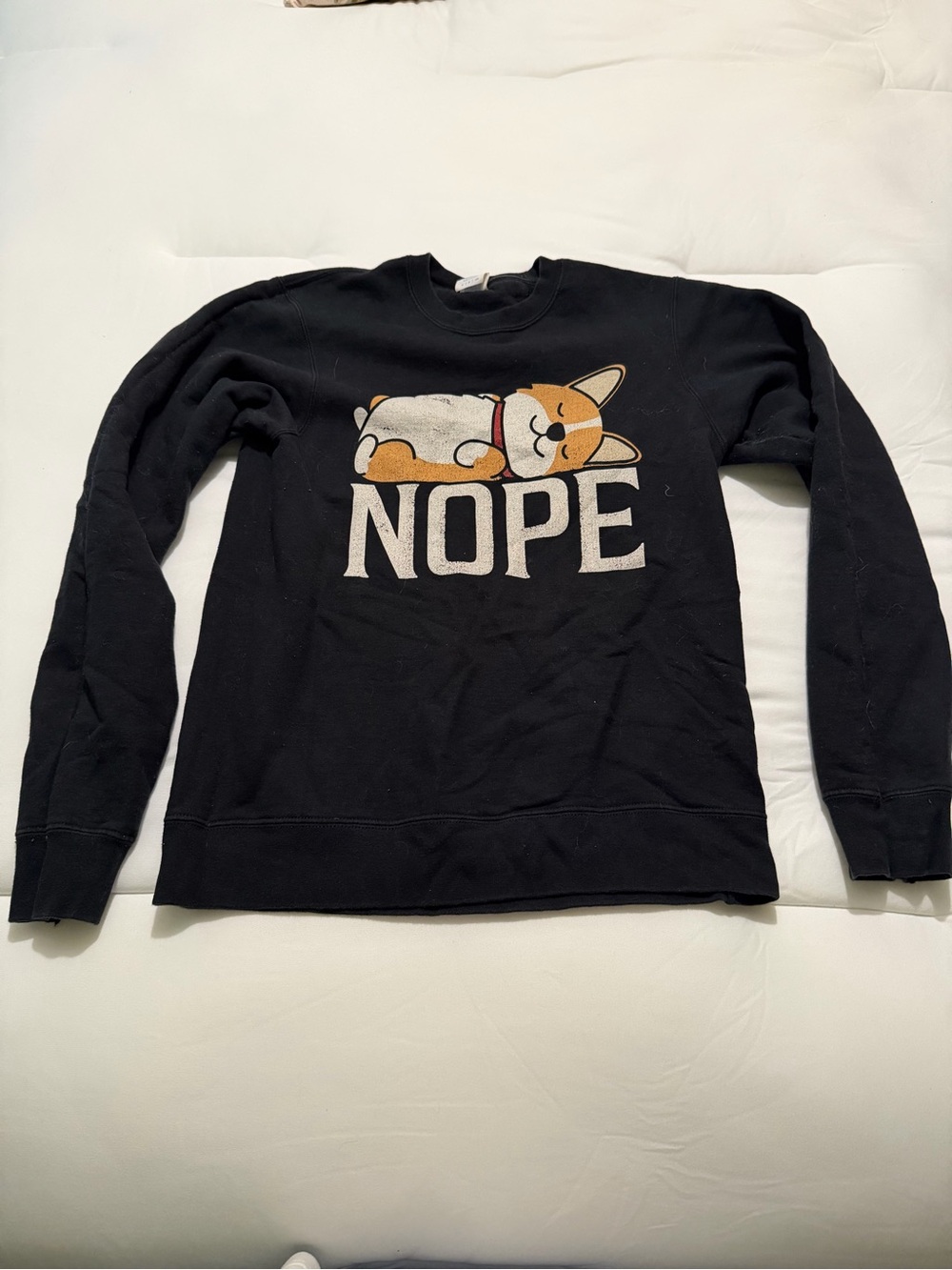 Black 'NOPE' Sweatshirt with Sleeping Corgi Graphic